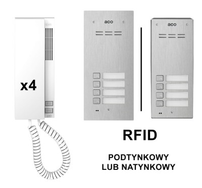 ACO Familio FAM-P-4NPACC czterorodzinny domofon z unifonami UP720M i czytnikiem RFID [ZESTAW]