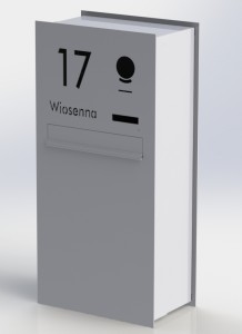 Przelotowa pionowa skrzynka na listy z wideodomofonem i wyciętym napisem, wysoka