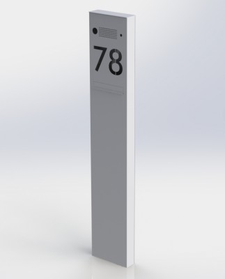 Pionowa przelotowa skrzynka na listy - wysoki słupek z wideodomofonem i napisem